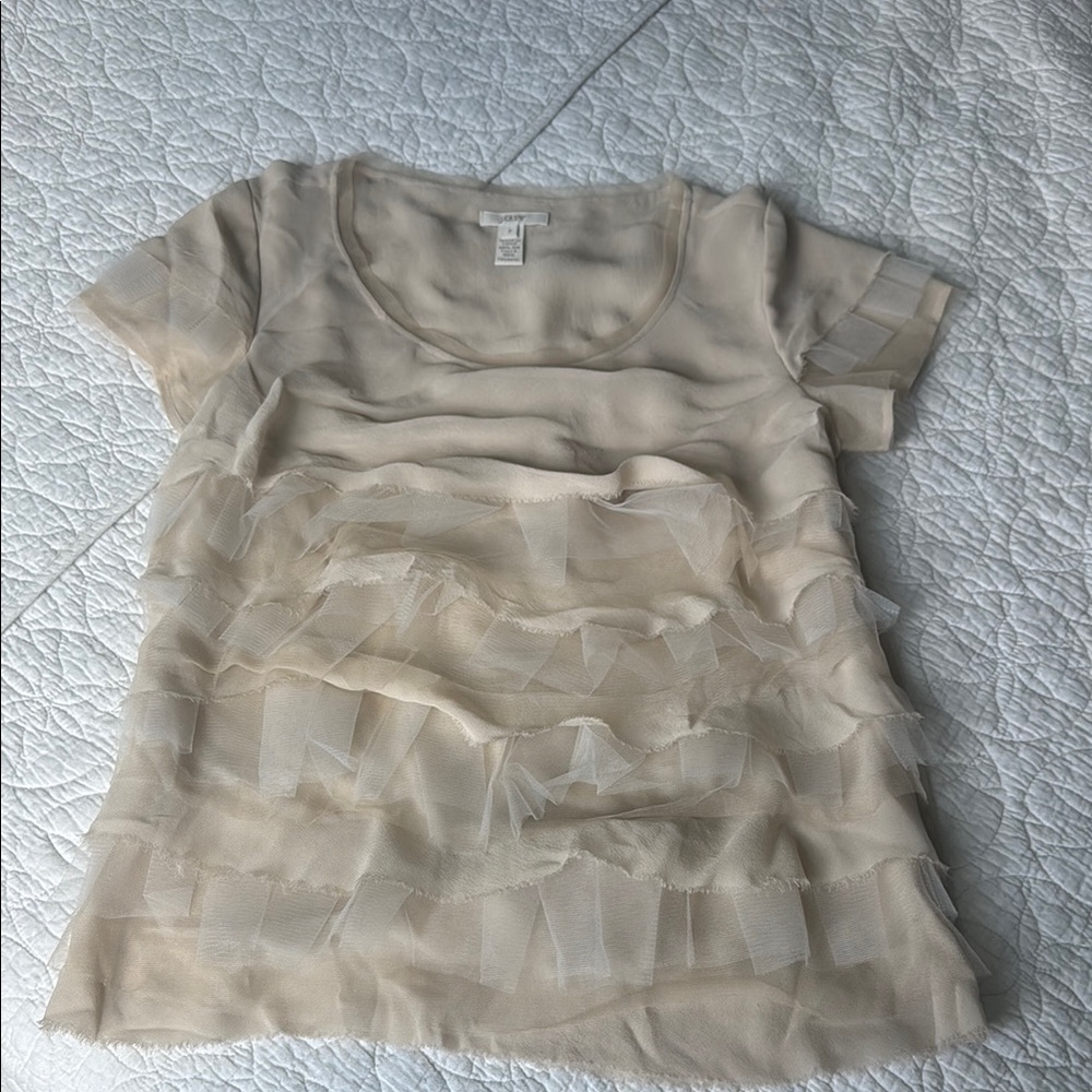 J. Crew Cream Ruffled Silk and Tulle Short Sleeve Blouse